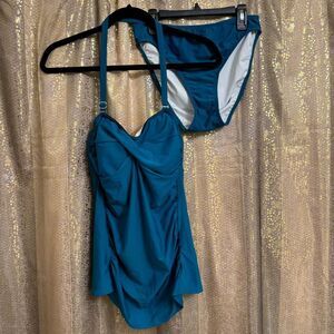 Venus Deep Teal Twist Front Halter Tankini Top Bikini Bottom Set Size 10